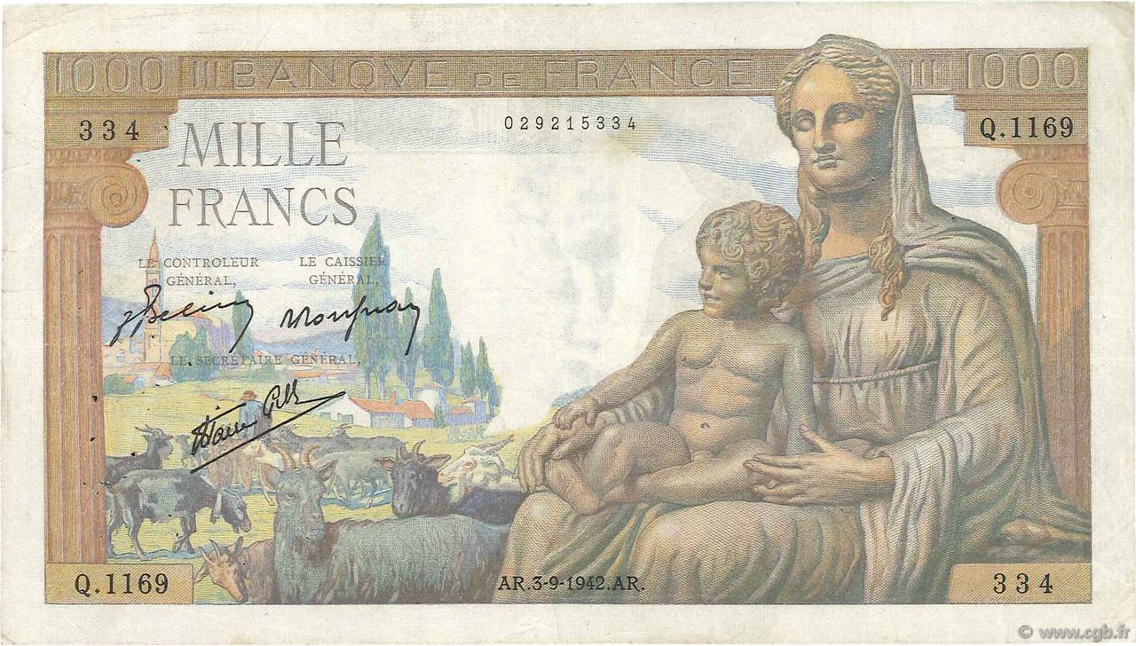 1000 Francs DÉESSE DÉMÉTER FRANCE  1942 F.40.06 TB