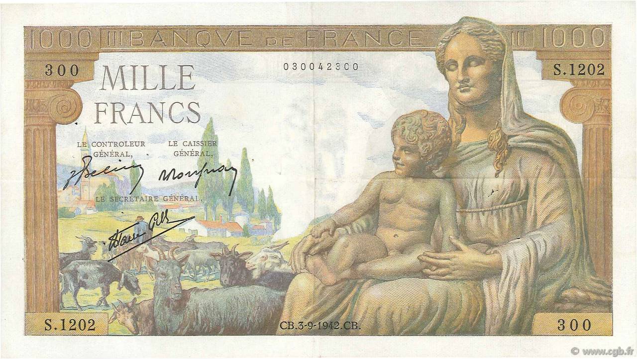 1000 Francs DÉESSE DÉMÉTER FRANCIA  1942 F.40.06 BB