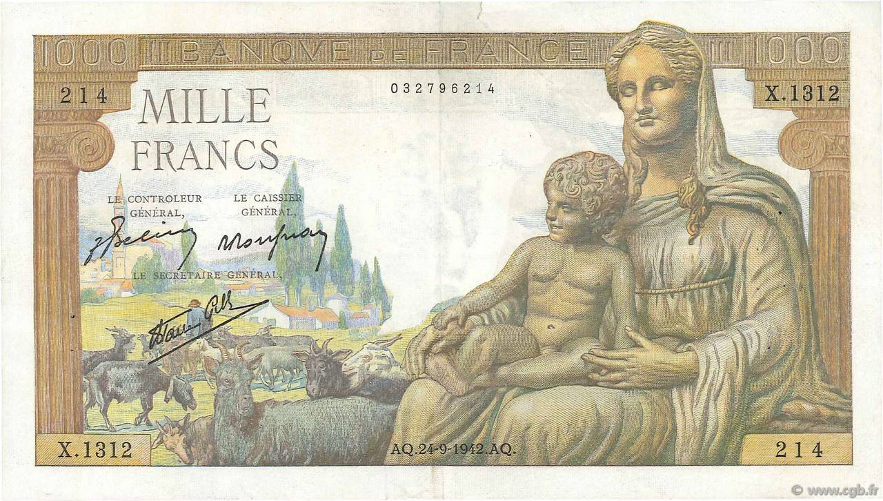1000 Francs DÉESSE DÉMÉTER FRANCE  1942 F.40.06 VF