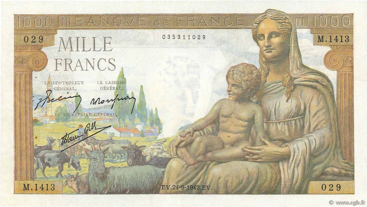 1000 Francs DÉESSE DÉMÉTER FRANCE  1942 F.40.07 XF-