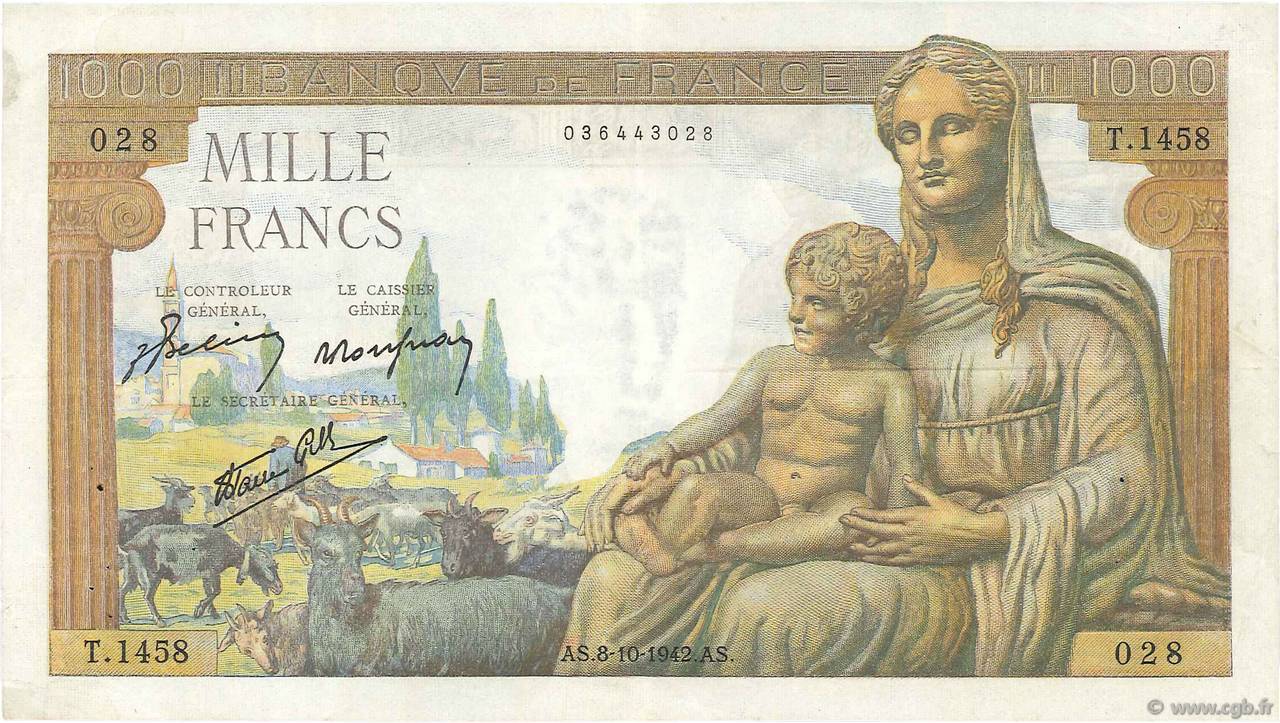 1000 Francs DÉESSE DÉMÉTER FRANCE  1942 F.40.08 VF-