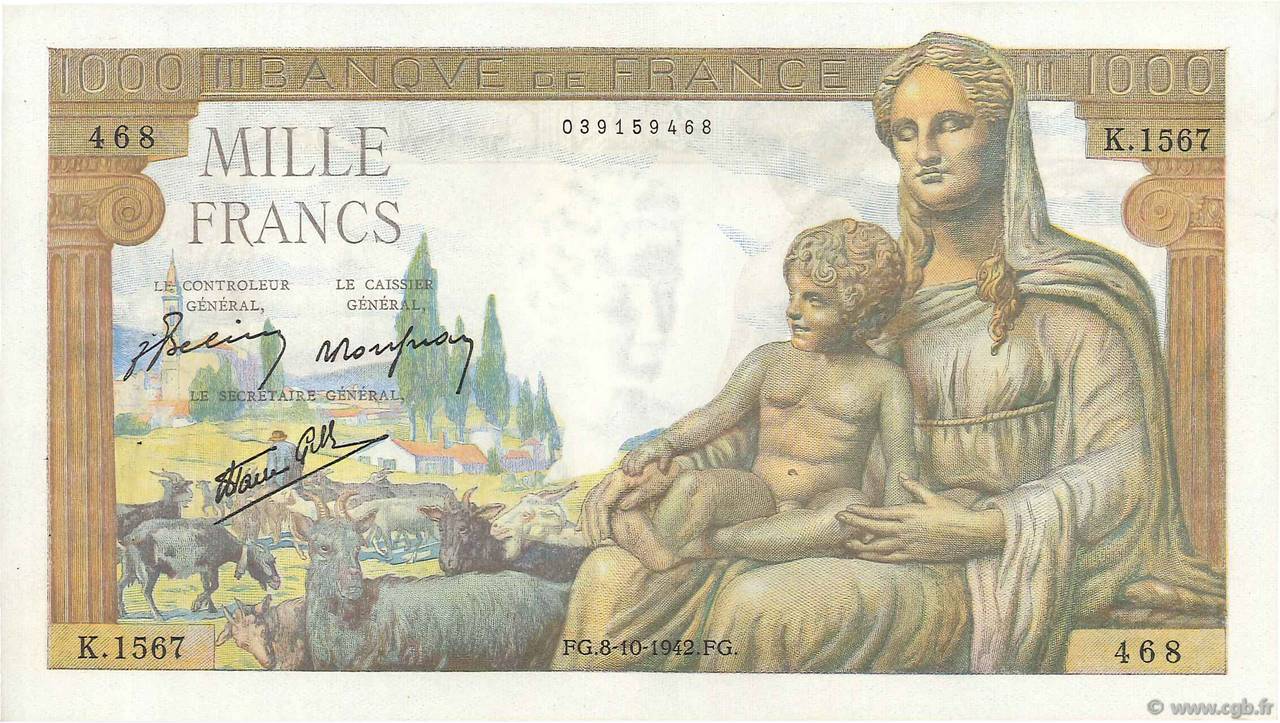 1000 Francs DÉESSE DÉMÉTER FRANCIA  1942 F.40.08 SPL+