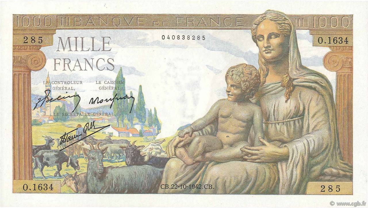 1000 Francs DÉESSE DÉMÉTER FRANCE  1942 F.40.09 AU