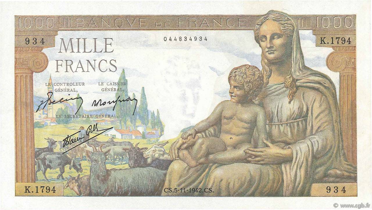 1000 Francs DÉESSE DÉMÉTER FRANCE  1942 F.40.10 AU