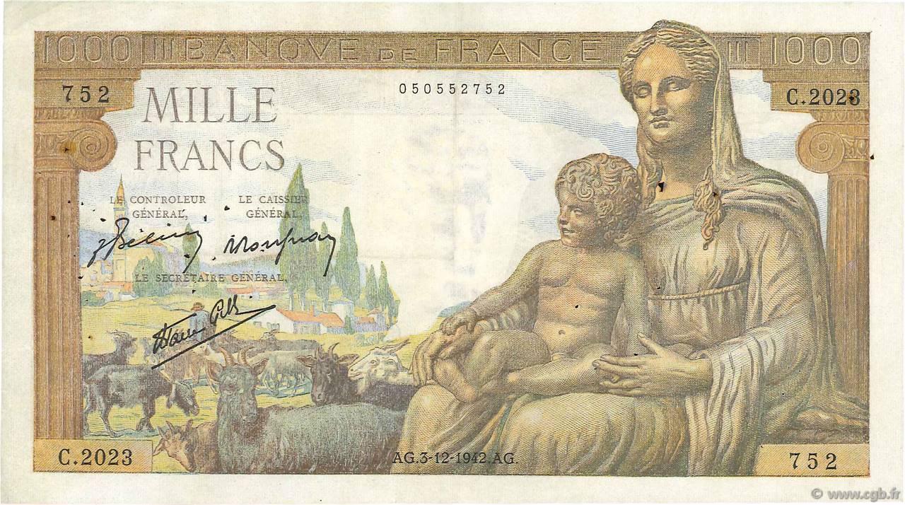 1000 Francs DÉESSE DÉMÉTER FRANCE  1942 F.40.12 F