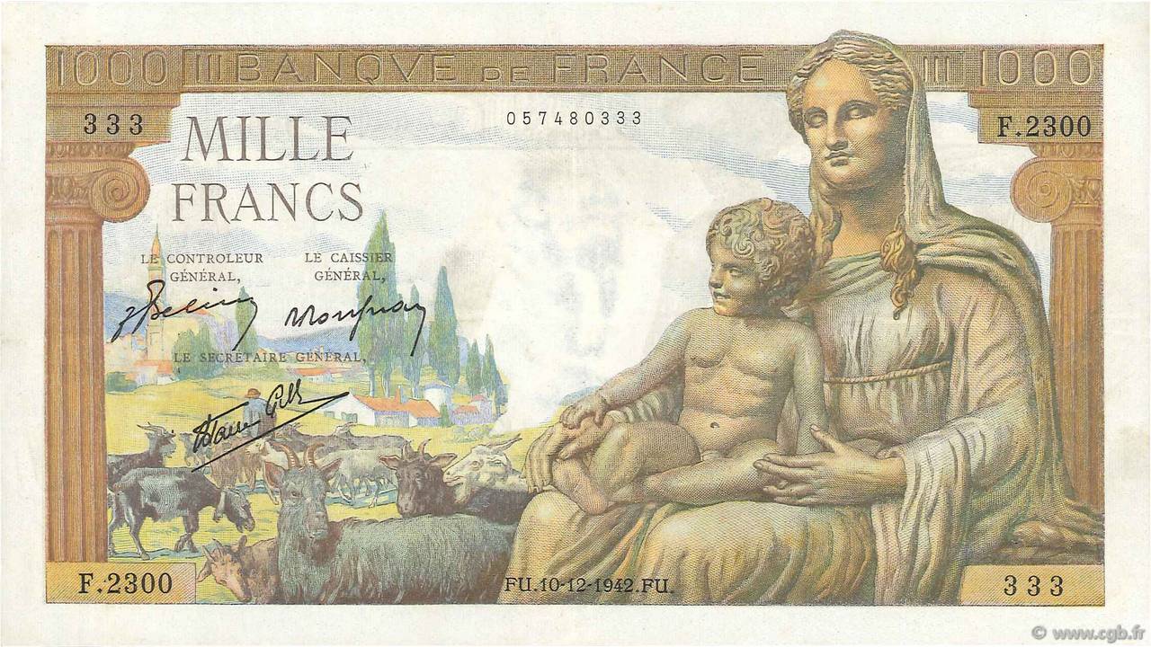 1000 Francs DÉESSE DÉMÉTER FRANCIA  1942 F.40.13 MBC