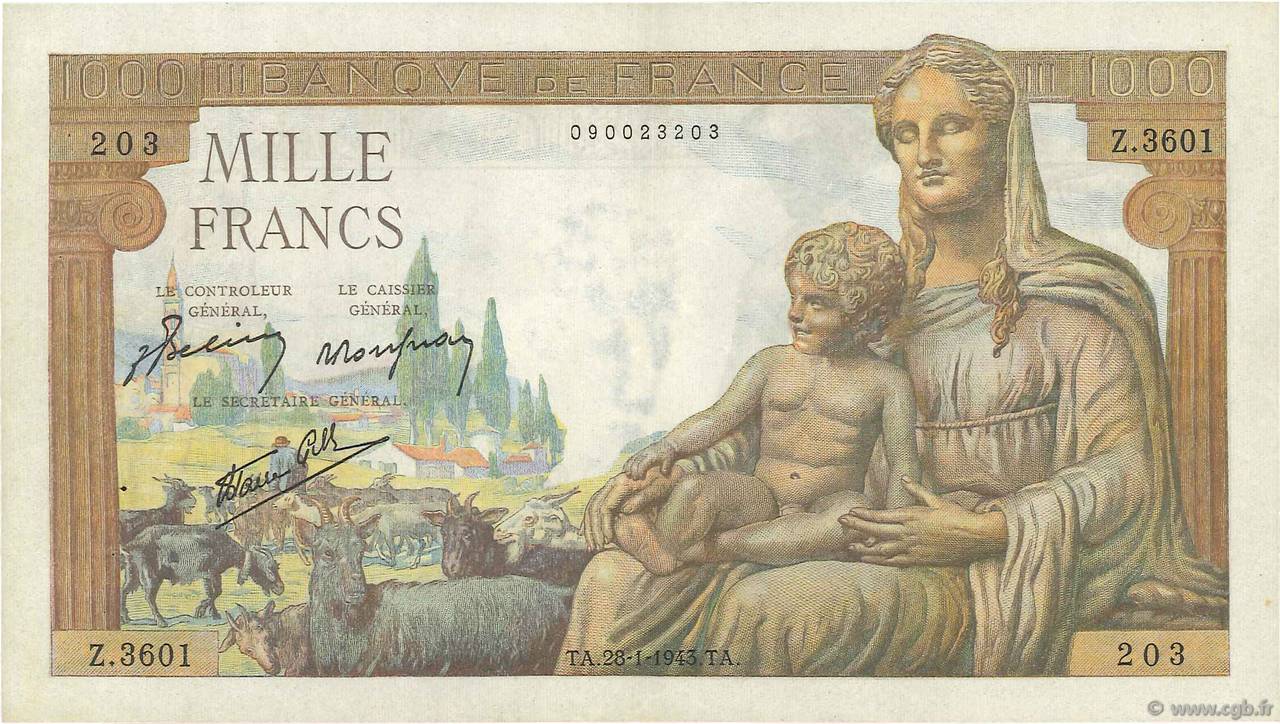 1000 Francs DÉESSE DÉMÉTER FRANKREICH  1943 F.40.17 fVZ