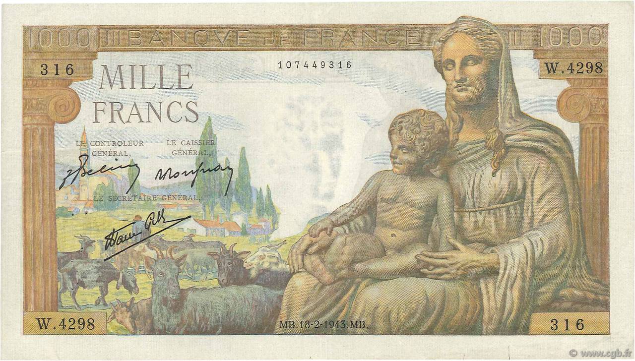1000 Francs DÉESSE DÉMÉTER FRANCE  1943 F.40.19 VF