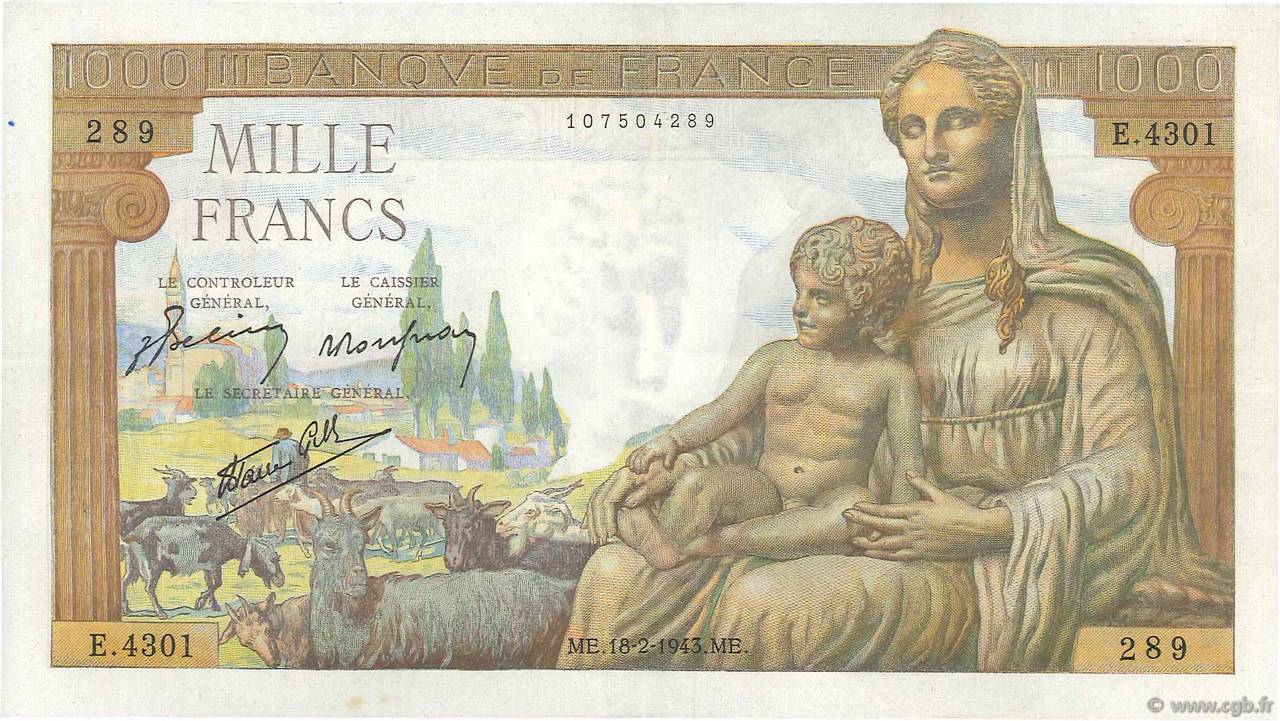 1000 Francs DÉESSE DÉMÉTER FRANKREICH  1943 F.40.19 VZ