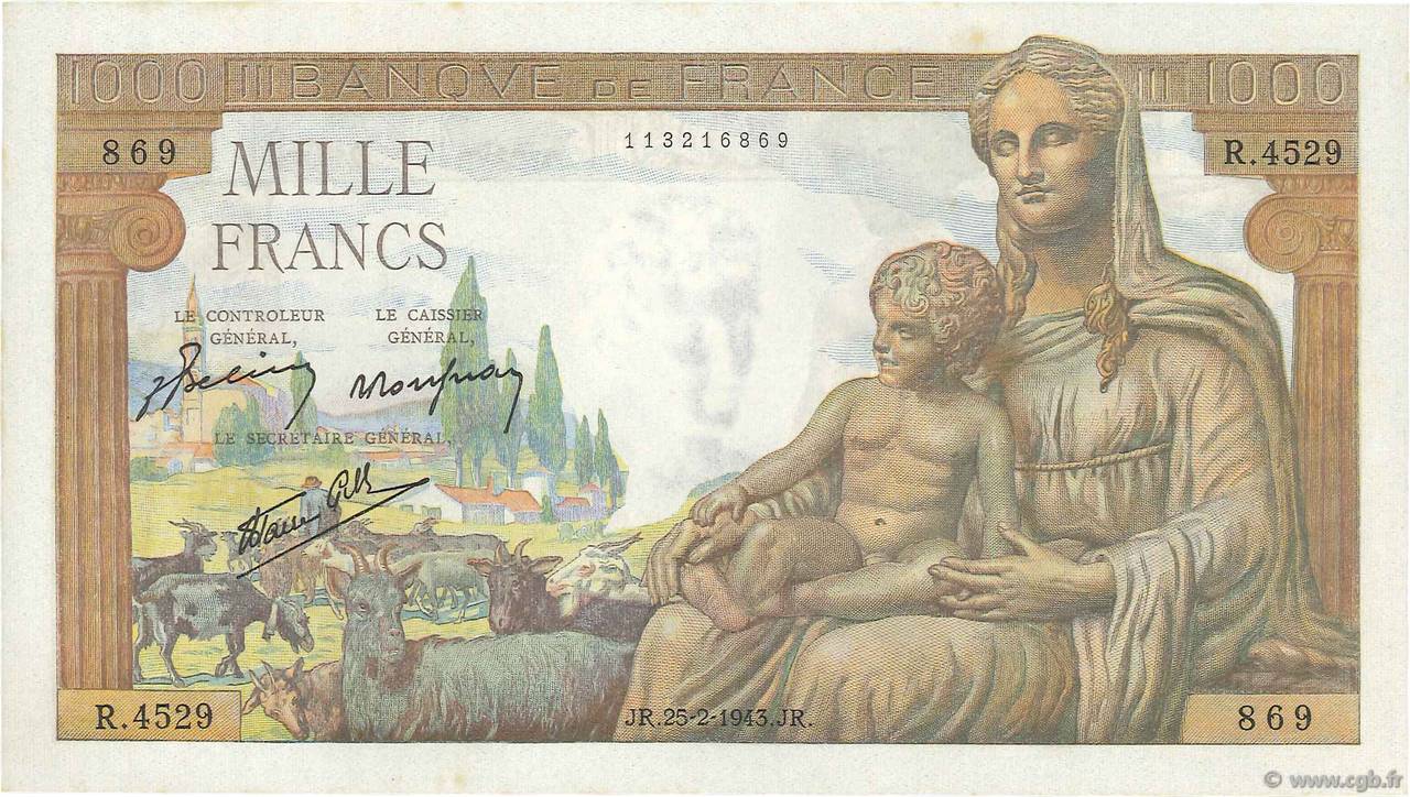 1000 Francs DÉESSE DÉMÉTER FRANCIA  1943 F.40.20 q.AU