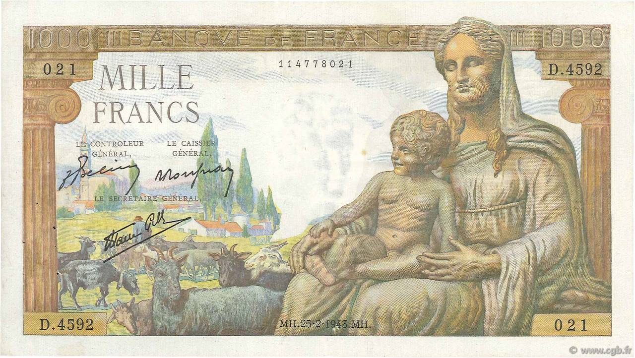 1000 Francs DÉESSE DÉMÉTER FRANCIA  1943 F.40.20 MBC