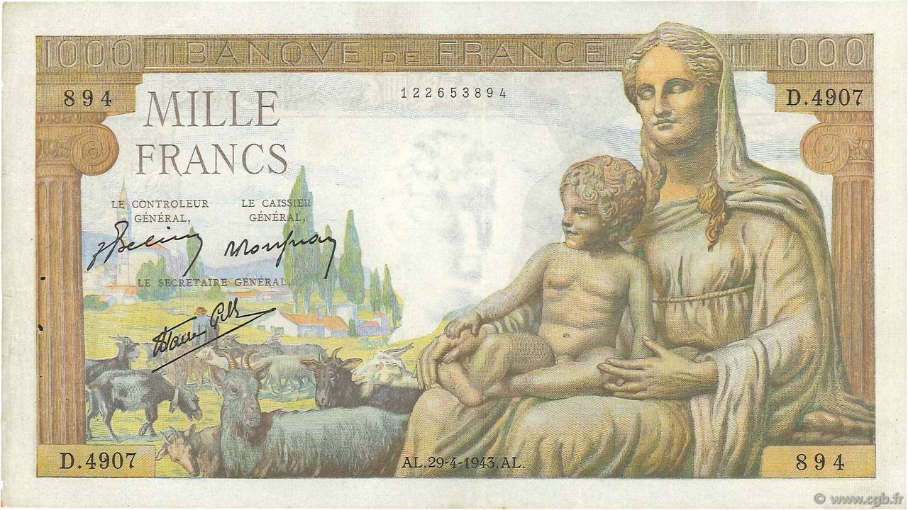 1000 Francs DÉESSE DÉMÉTER FRANCE  1943 F.40.22 VF-
