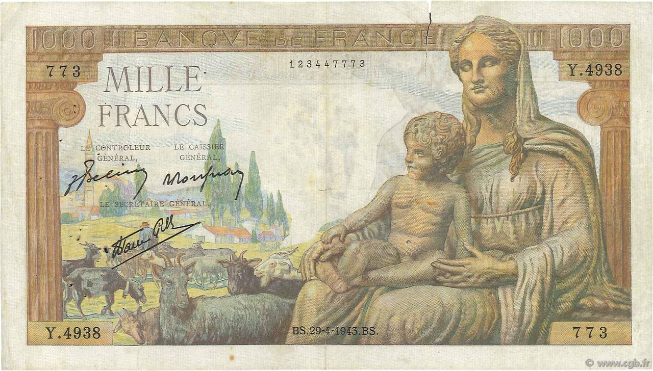 1000 Francs DÉESSE DÉMÉTER FRANCE  1943 F.40.22 F