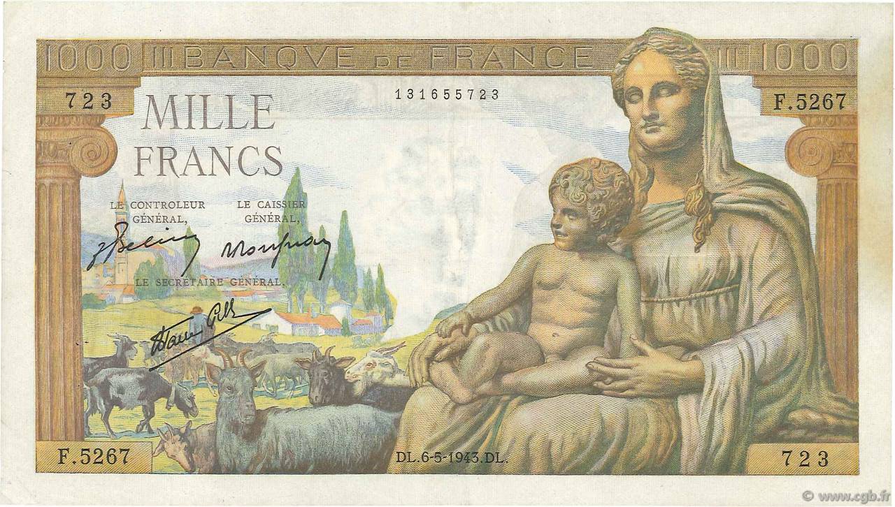 1000 Francs DÉESSE DÉMÉTER FRANCE  1943 F.40.23 VF