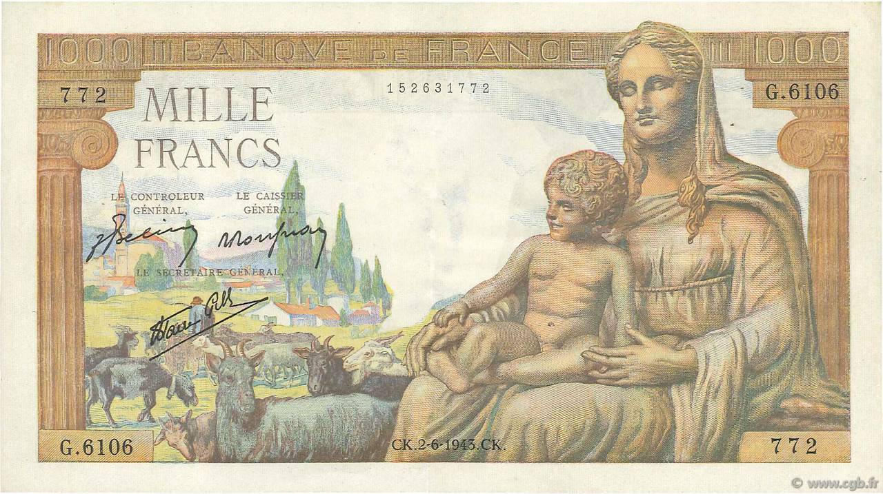 1000 Francs DÉESSE DÉMÉTER FRANCE  1943 F.40.26 XF-