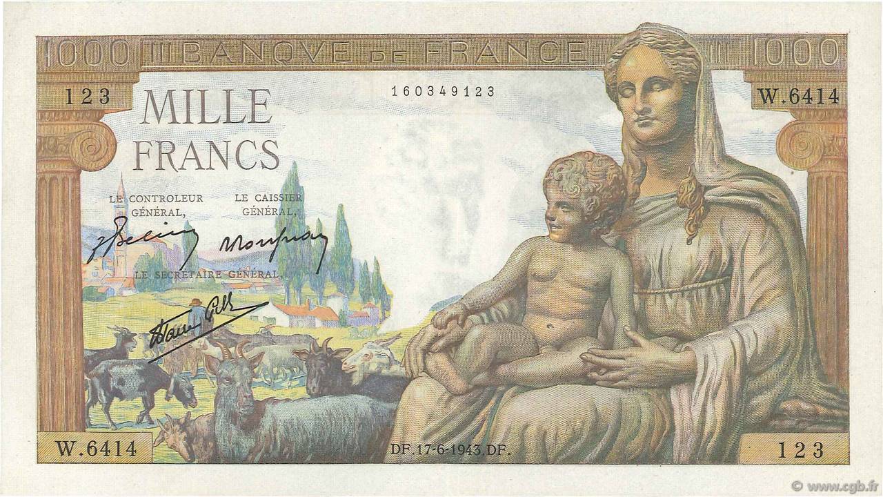 1000 Francs DÉESSE DÉMÉTER FRANCE  1943 F.40.27 XF+