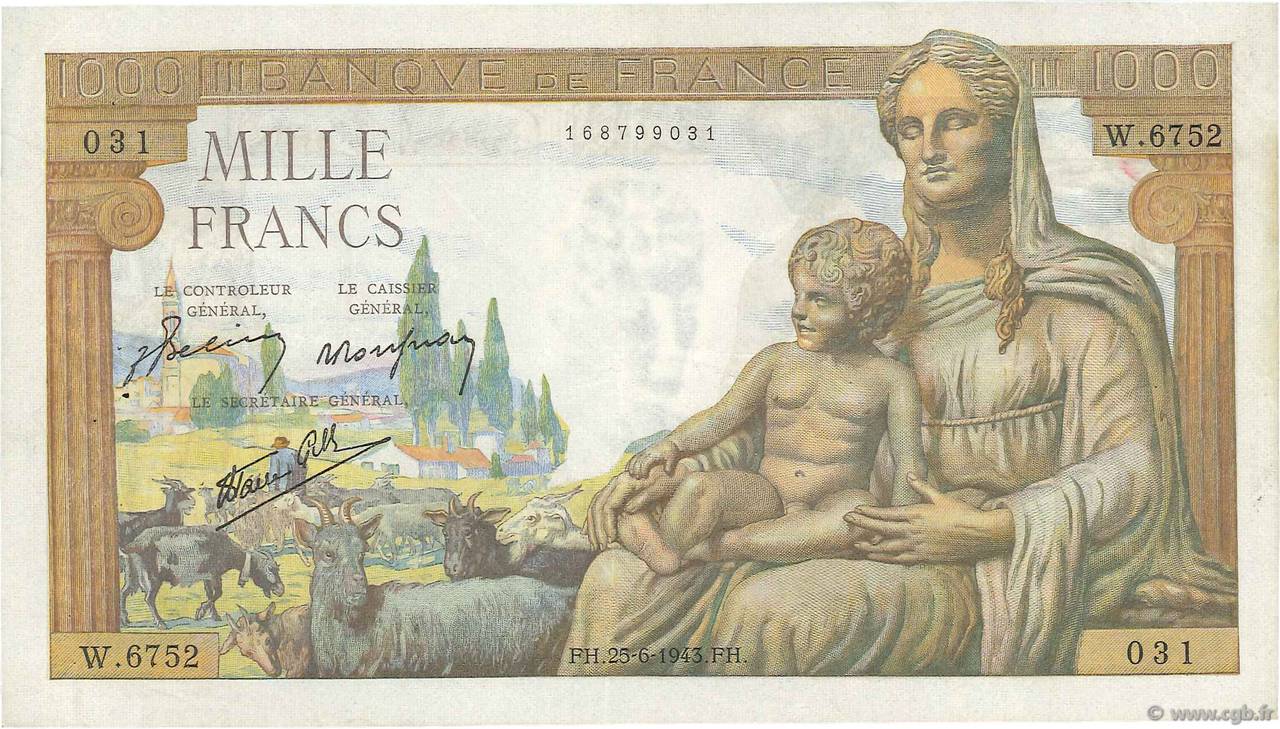 1000 Francs DÉESSE DÉMÉTER FRANCIA  1943 F.40.28 BB