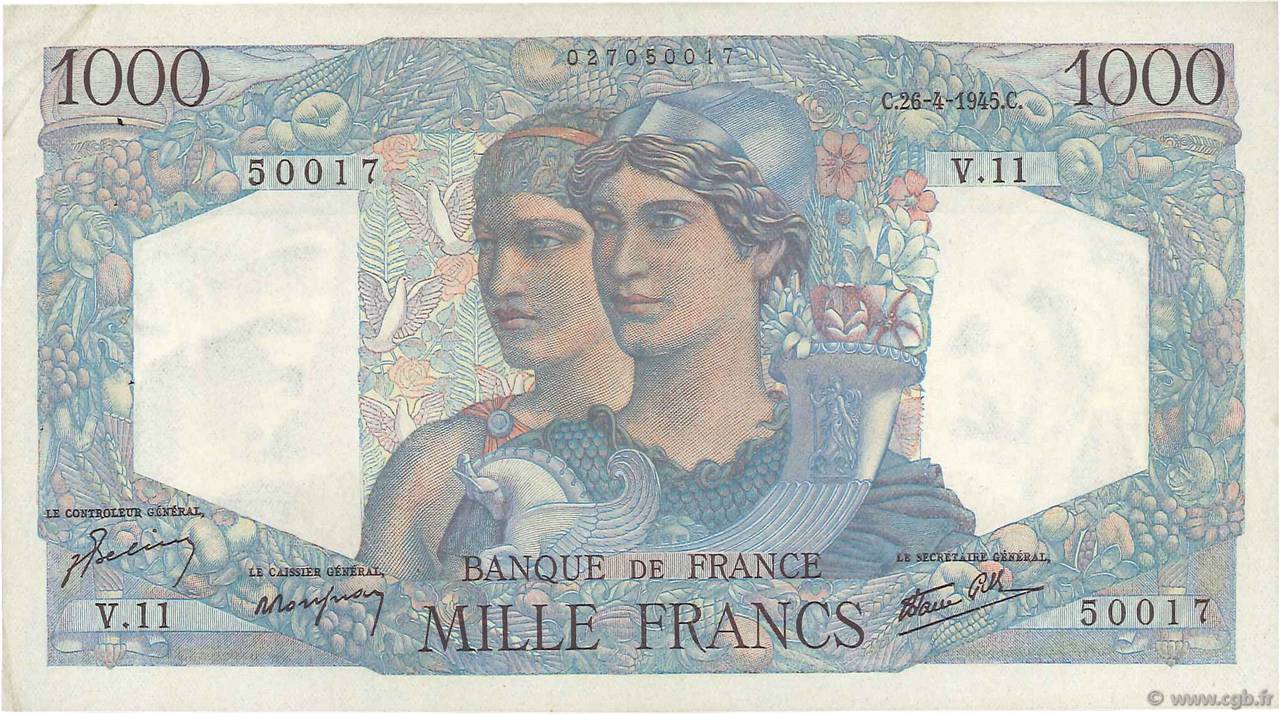 1000 Francs MINERVE ET HERCULE FRANCIA  1945 F.41.02 SPL
