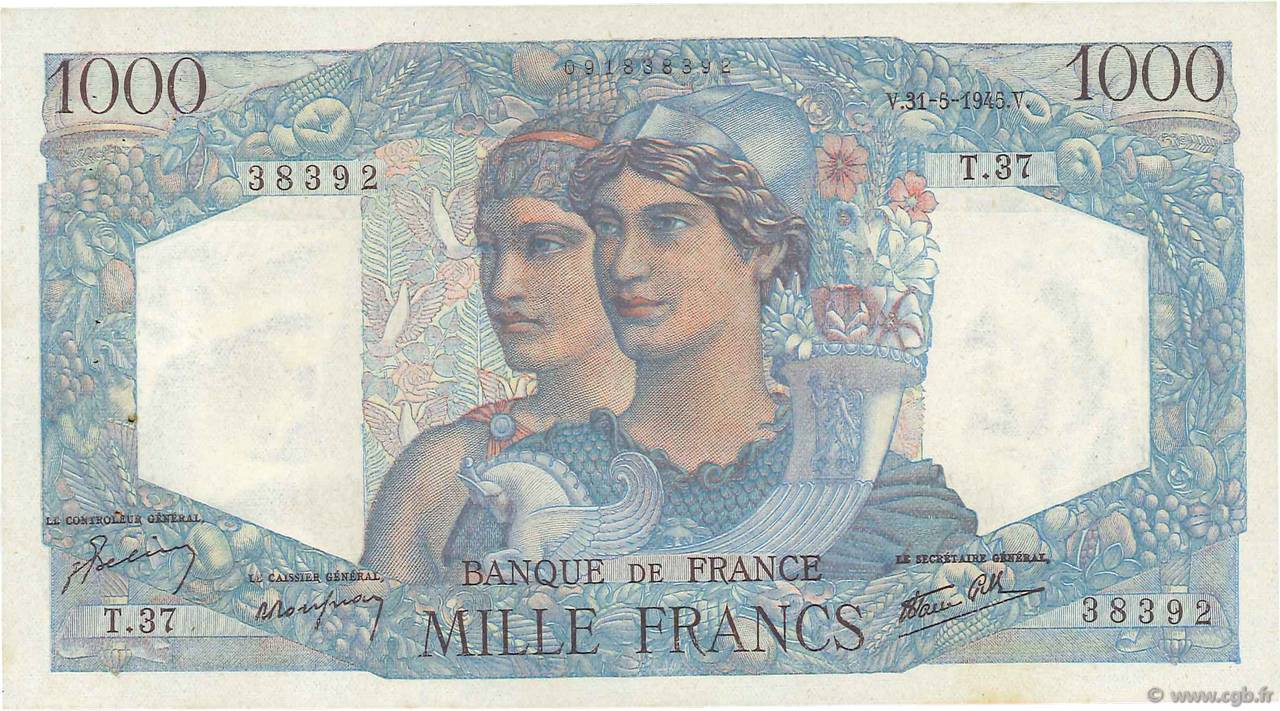 1000 Francs MINERVE ET HERCULE FRANCE  1945 F.41.03 VF+