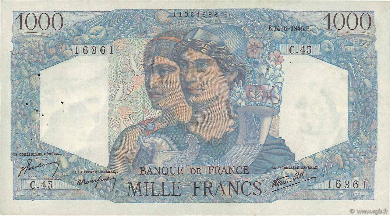 1000 Francs MINERVE ET HERCULE FRANKREICH  1945 F.41.04 SS