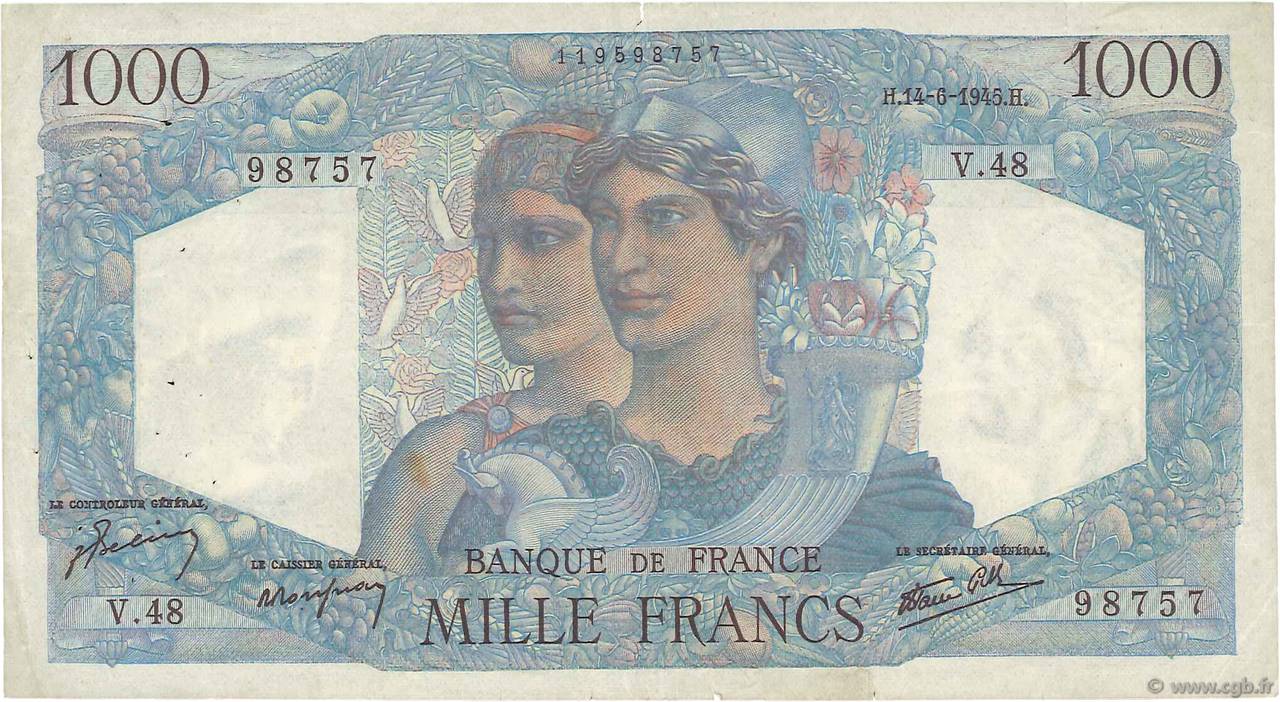 1000 Francs MINERVE ET HERCULE FRANCE  1945 F.41.04 TB