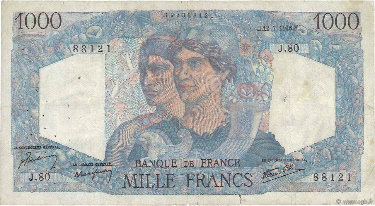 1000 Francs MINERVE ET HERCULE FRANKREICH  1945 F.41.06 SGE