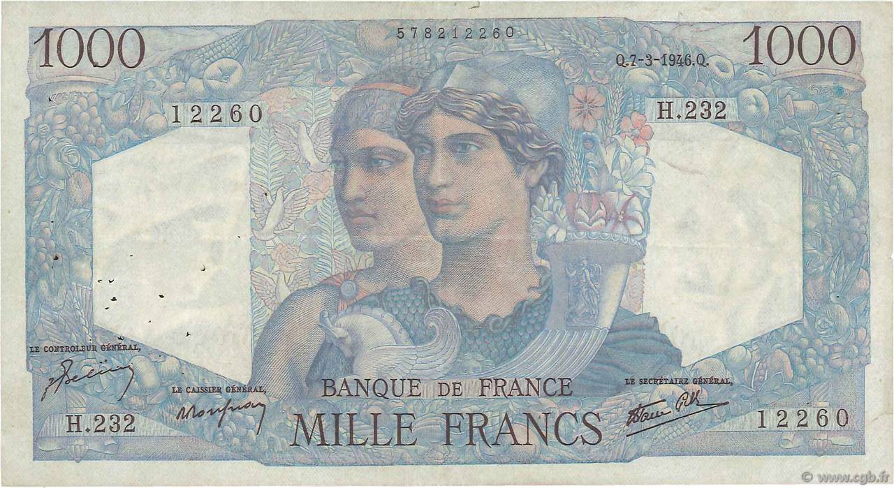 1000 Francs MINERVE ET HERCULE FRANCE  1946 F.41.12 F+