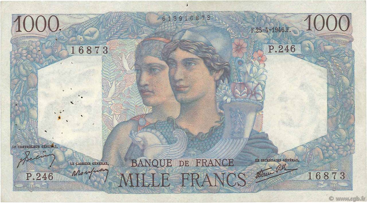1000 Francs MINERVE ET HERCULE FRANCE  1946 F.41.13 F+