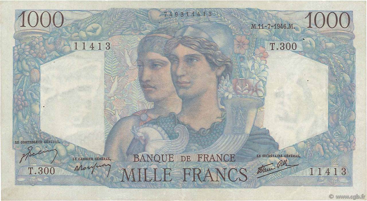 1000 Francs MINERVE ET HERCULE FRANKREICH  1946 F.41.15 SS