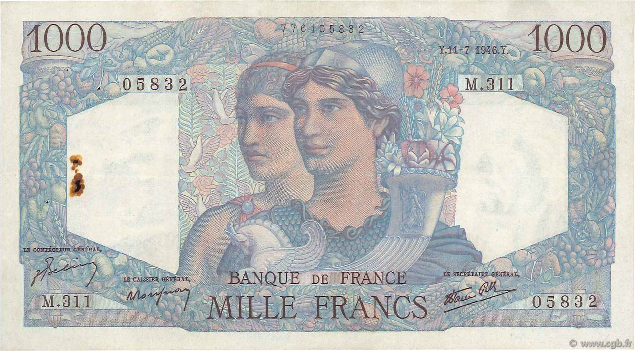 1000 Francs MINERVE ET HERCULE FRANKREICH  1946 F.41.15 SS