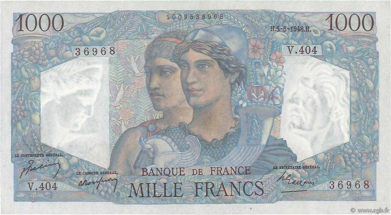 1000 Francs MINERVE ET HERCULE FRANCE  1948 F.41.20 UNC-