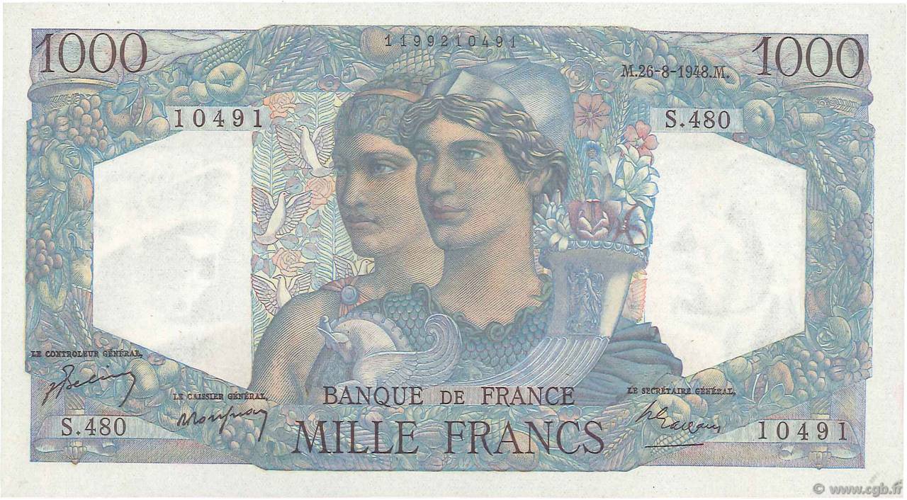 1000 Francs MINERVE ET HERCULE FRANKREICH  1948 F.41.23 fST