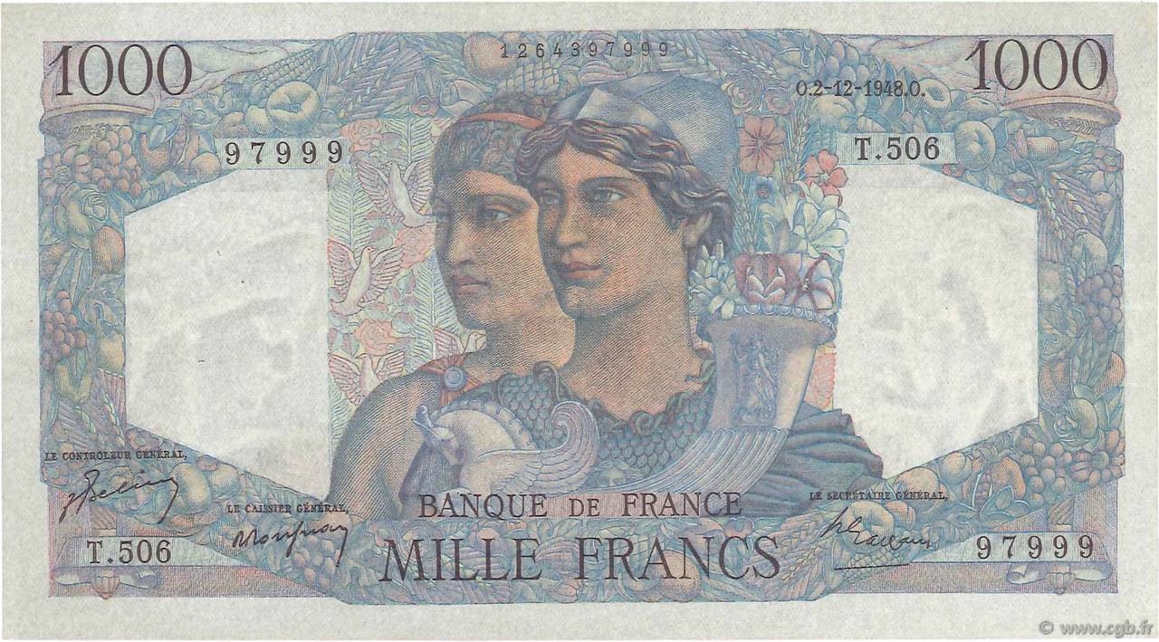 1000 Francs MINERVE ET HERCULE FRANCE  1948 F.41.24 VF+