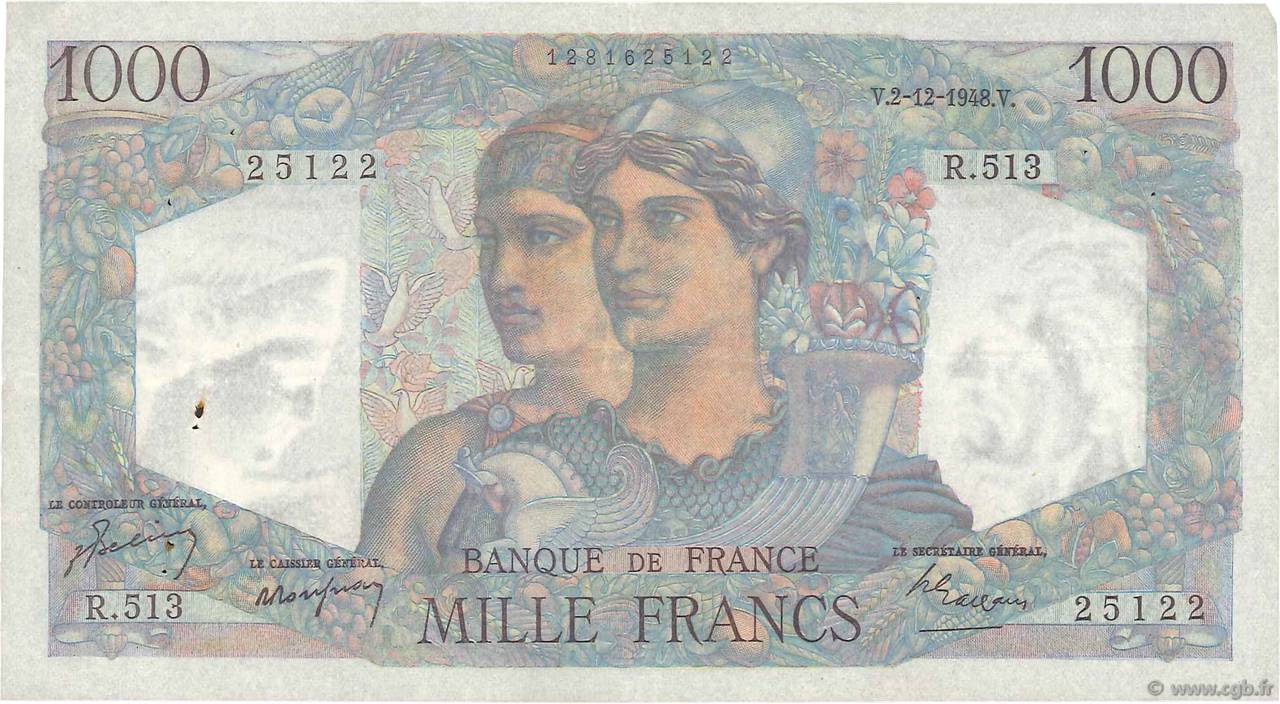 1000 Francs MINERVE ET HERCULE FRANCE  1948 F.41.24 VF