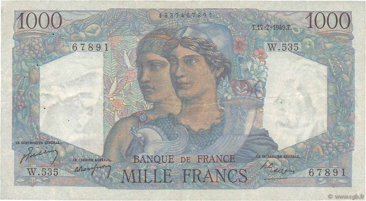 1000 Francs MINERVE ET HERCULE FRANKREICH  1949 F.41.25 S