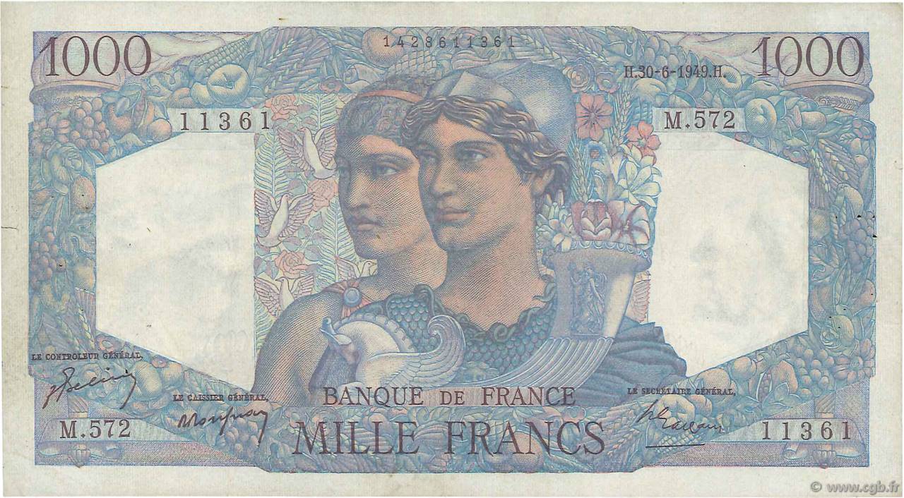 1000 Francs MINERVE ET HERCULE FRANCE  1949 F.41.27 TB