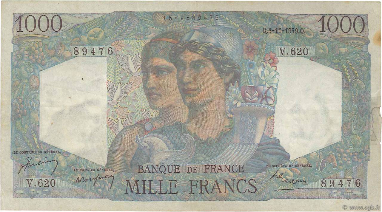 1000 Francs MINERVE ET HERCULE FRANKREICH  1949 F.41.29 S