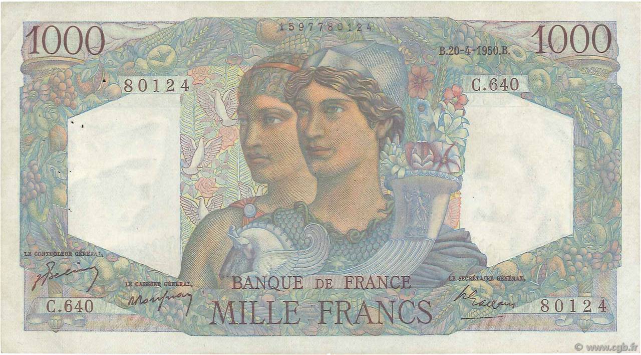 1000 Francs MINERVE ET HERCULE FRANCE  1950 F.41.32 TTB