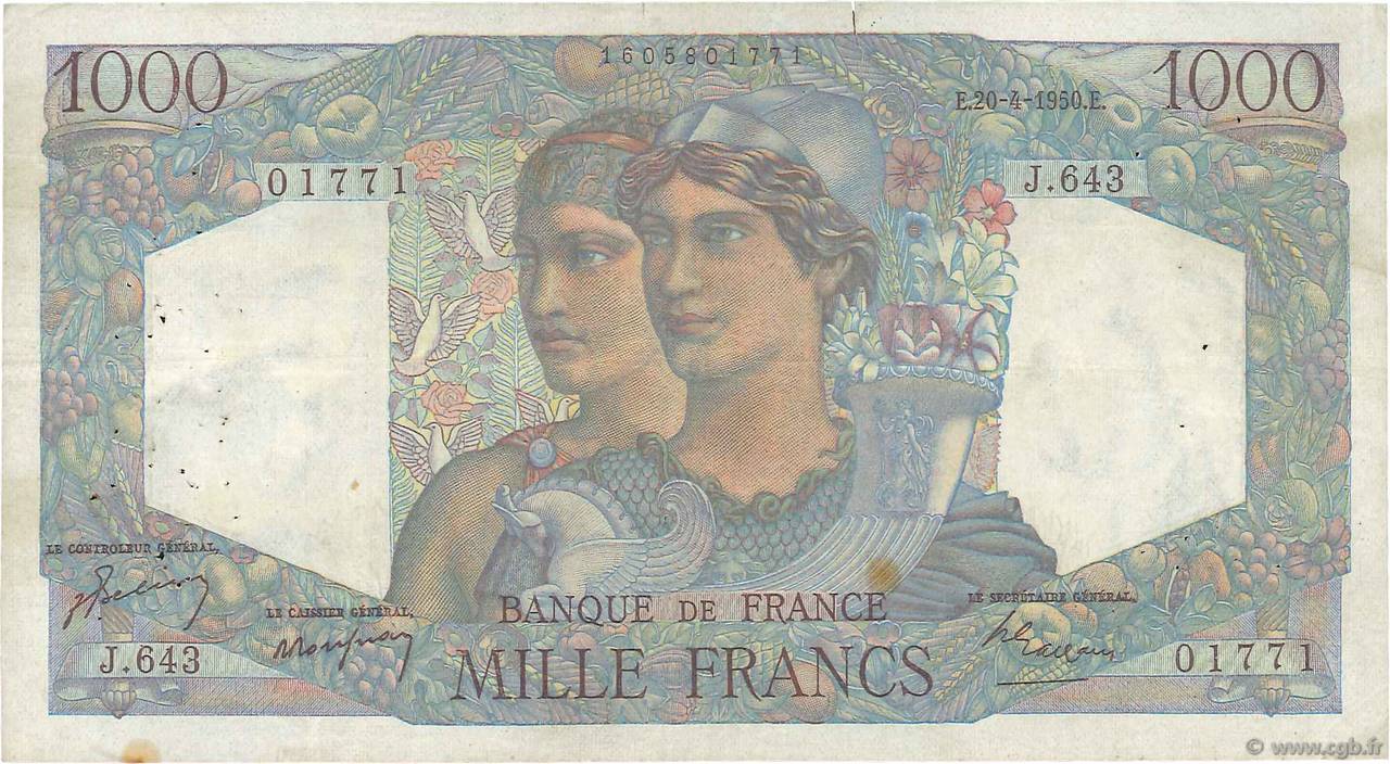 1000 Francs MINERVE ET HERCULE FRANCE  1950 F.41.32 F