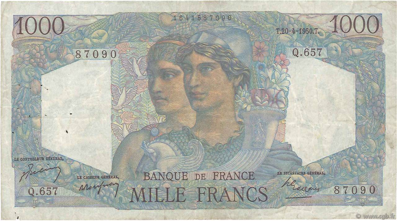 1000 Francs MINERVE ET HERCULE FRANCE  1950 F.41.32 VG