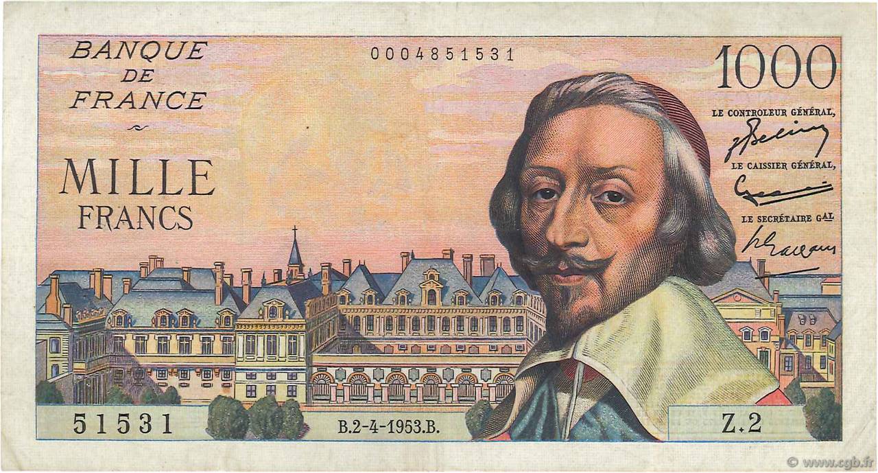 1000 Francs RICHELIEU FRANCE  1953 F.42.01 F+
