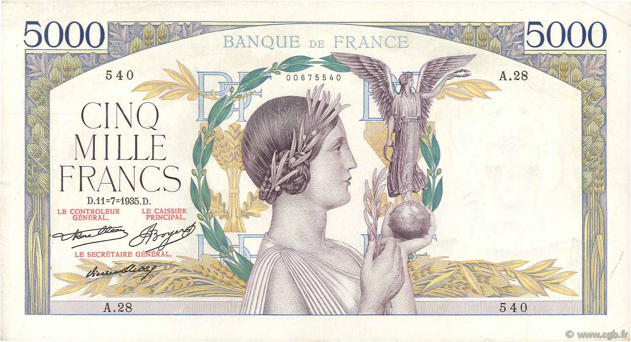 5000 Francs VICTOIRE FRANCE  1935 F.44.03 VF