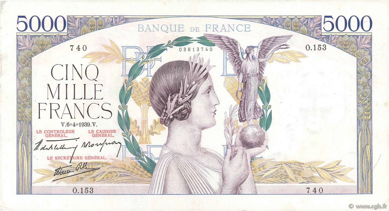 5000 Francs VICTOIRE Impression à plat FRANCIA  1939 F.46.04 BB