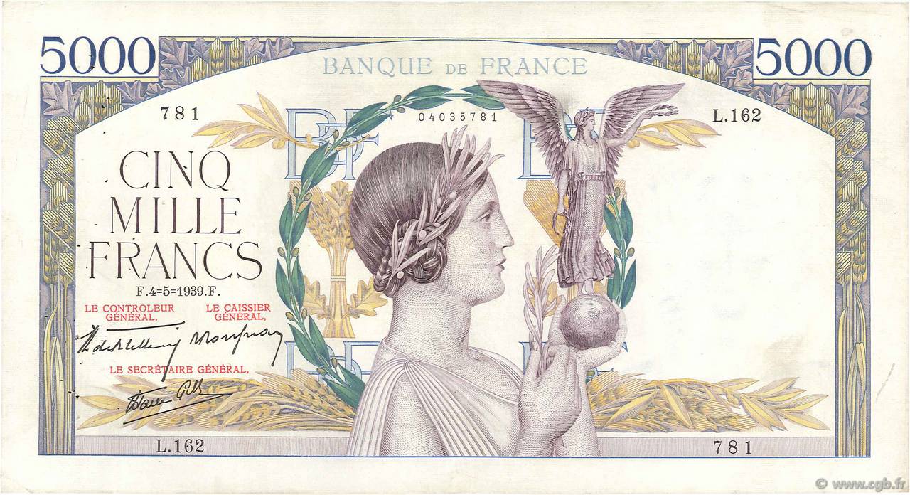 5000 Francs VICTOIRE Impression à plat FRANKREICH  1939 F.46.05 fSS