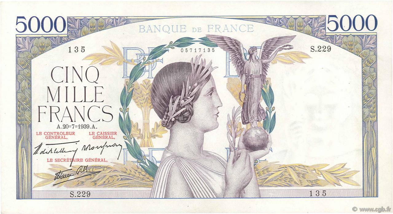 5000 Francs VICTOIRE Impression à plat FRANCE  1939 F.46.08 TTB