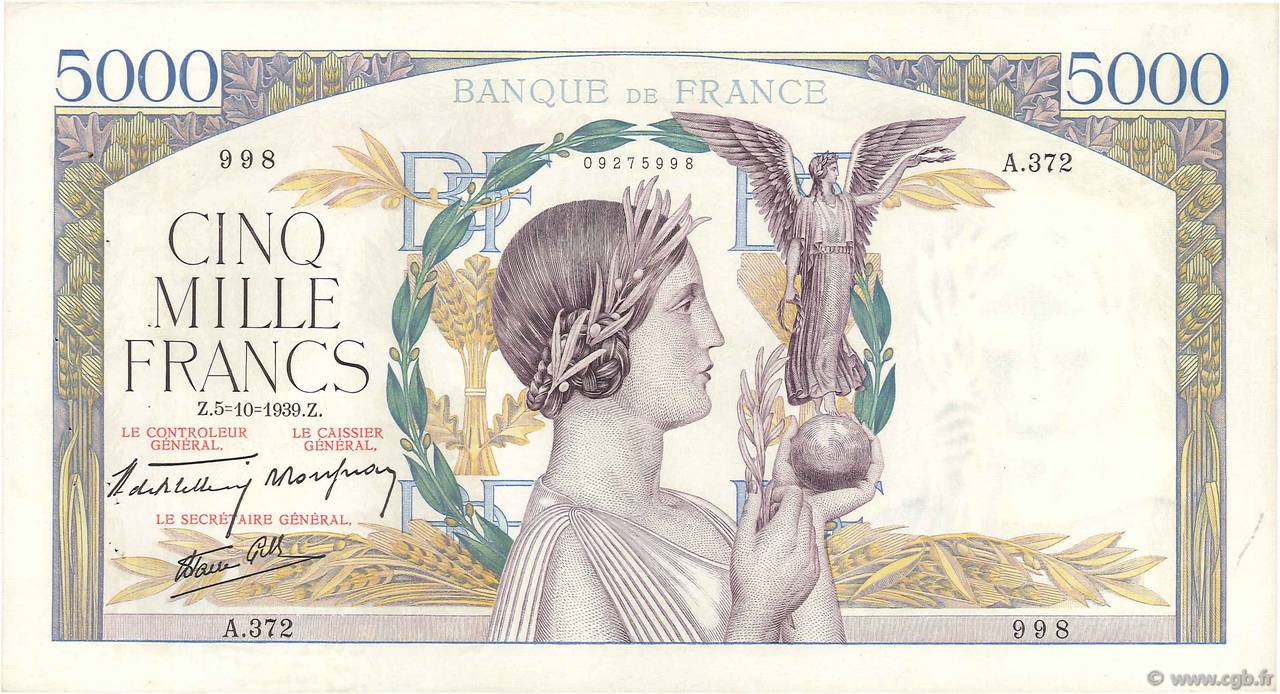 5000 Francs VICTOIRE Impression à plat FRANCE  1939 F.46.13 VF
