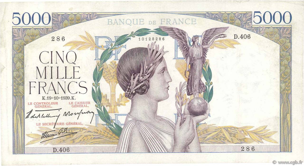 5000 Francs VICTOIRE Impression à plat FRANCIA  1939 F.46.15 q.SPL