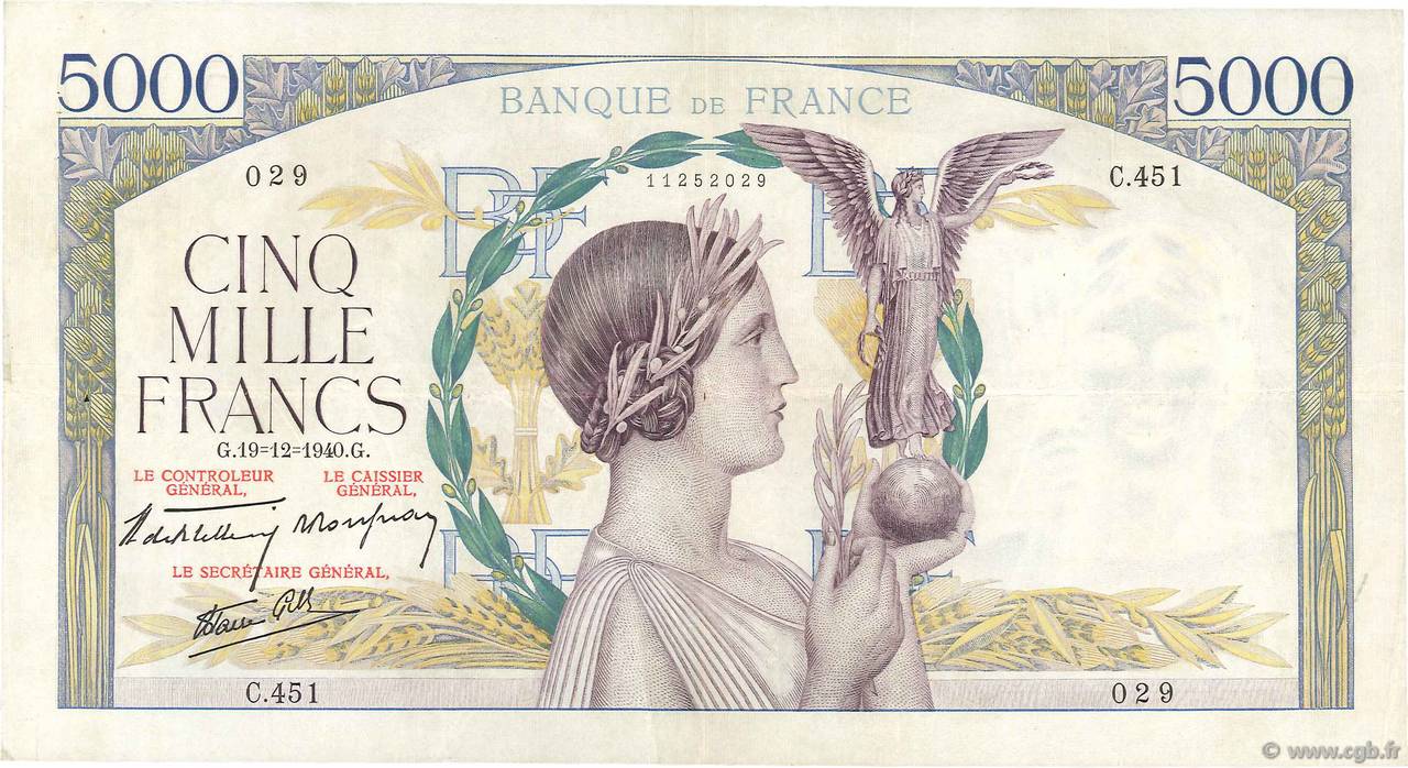 5000 Francs VICTOIRE Impression à plat FRANCE  1940 F.46.17 TTB