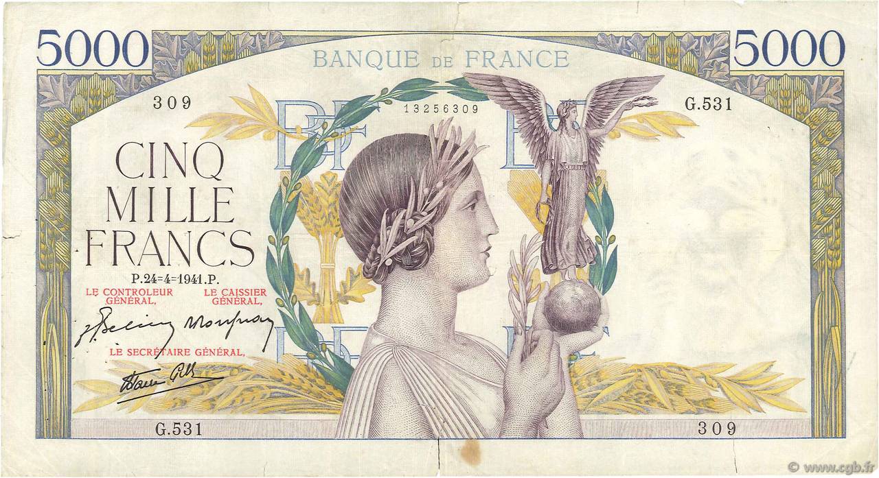 5000 Francs VICTOIRE Impression à plat FRANKREICH  1941 F.46.20 S