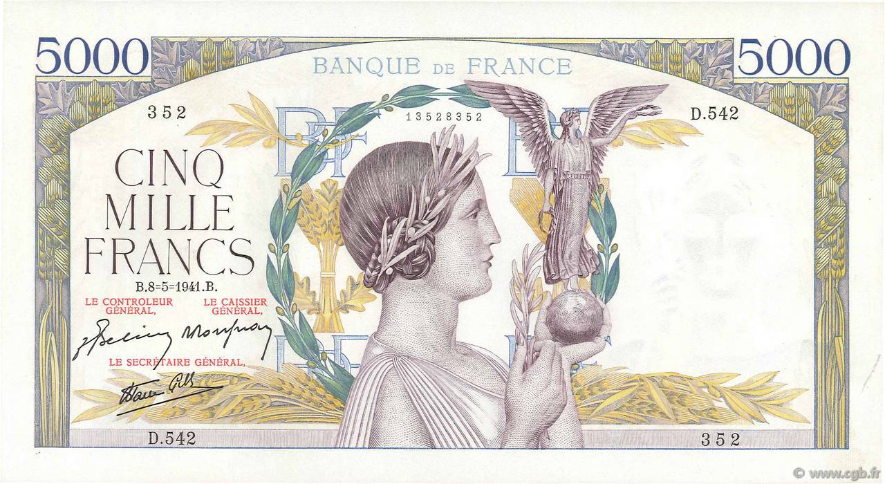 5000 Francs VICTOIRE Impression à plat FRANCIA  1941 F.46.21 q.AU